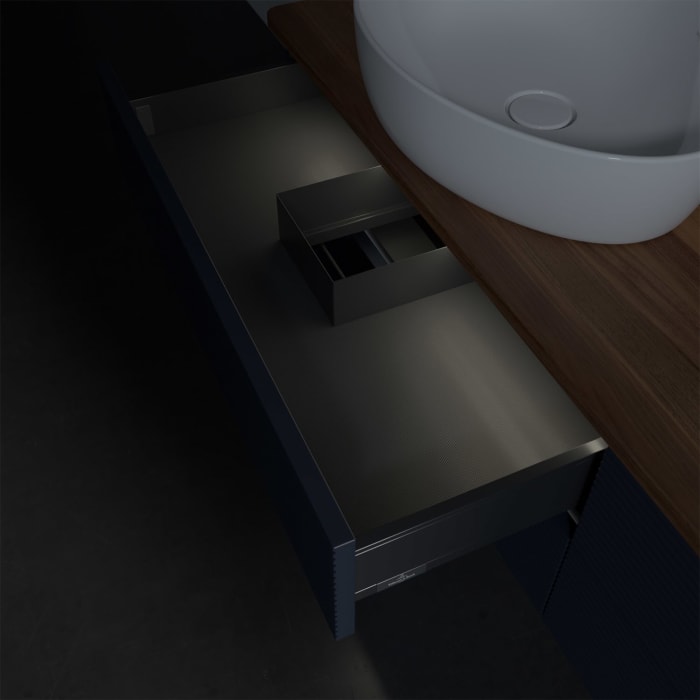 Villeroy & Boch Antao Waschbeckenunterschrank, 160 x 36 cm, 4 Auszüge mit LED-Licht, Front mit Struktur, ohne Hahnloch, für Waschtisch links