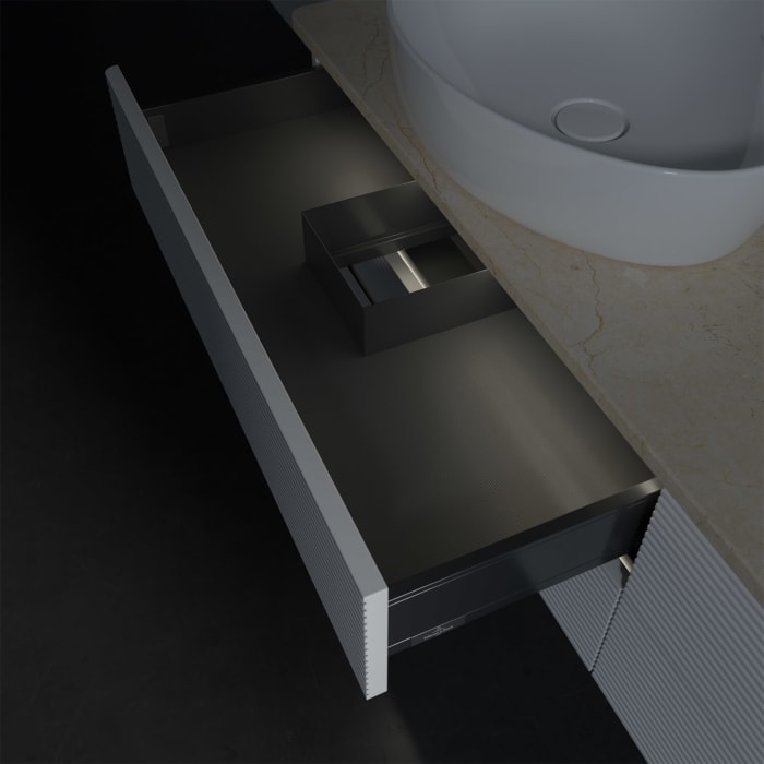 Villeroy & Boch Antao Waschbeckenunterschrank, 160 x 36 cm, 4 Auszüge mit LED-Licht, Front mit Struktur, ohne Hahnloch, für Waschtisch links