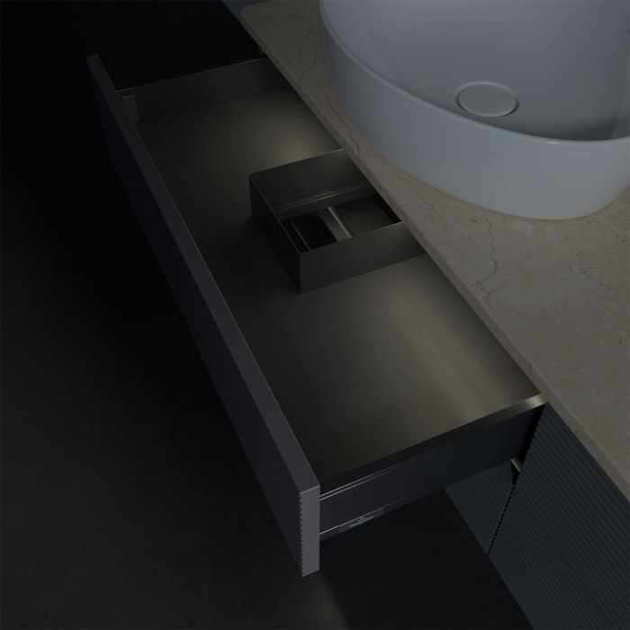 Villeroy & Boch Antao Waschbeckenunterschrank, 160 x 36 cm, 4 Auszüge mit LED-Licht, Front mit Struktur, ohne Hahnloch, für Waschtisch links