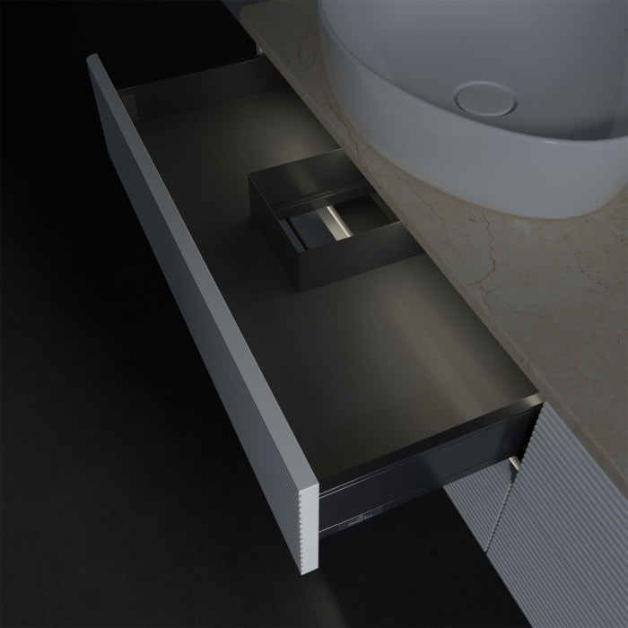 Villeroy & Boch Antao Waschbeckenunterschrank, 160 x 36 cm, 4 Auszüge mit LED-Licht, Front mit Struktur, ohne Hahnloch, für Waschtisch links