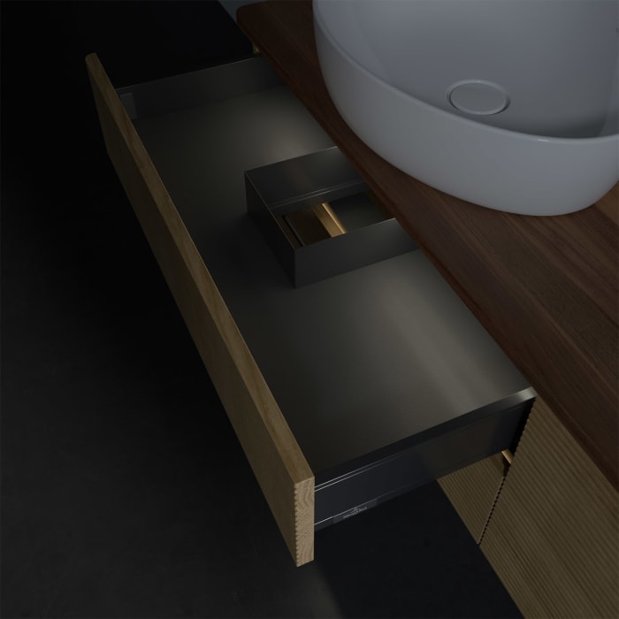 Villeroy & Boch Antao Waschbeckenunterschrank, 160 x 36 cm, 4 Auszüge mit LED-Licht, Front mit Struktur, mit Hahnloch, für Waschtisch links