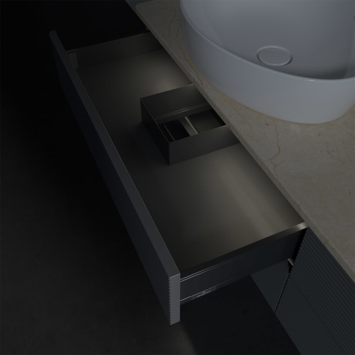 Villeroy & Boch Antao Waschbeckenunterschrank, 160 x 36 cm, 4 Auszüge mit LED-Licht, Front mit Struktur, mit Hahnloch, für Waschtisch links