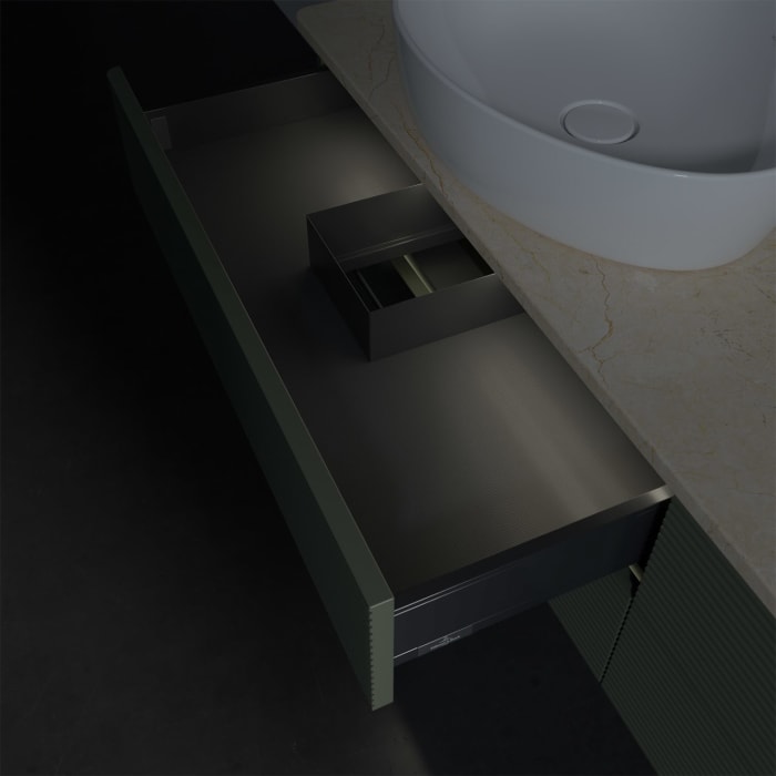 Villeroy & Boch Antao Waschbeckenunterschrank, 160 x 36 cm, 4 Auszüge mit LED-Licht, Front mit Struktur, mit Hahnloch, für Waschtisch links