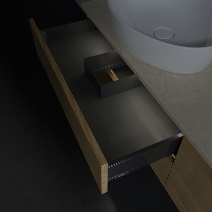 Villeroy & Boch Antao Waschbeckenunterschrank, 160 x 36 cm, 4 Auszüge mit LED-Licht, Front mit Struktur, mit Hahnloch, für Waschtisch links