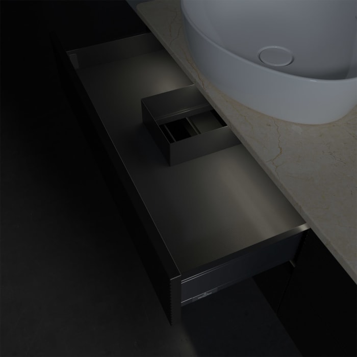 Villeroy & Boch Antao Waschbeckenunterschrank, 160 x 36 cm, 4 Auszüge mit LED-Licht, Front mit Struktur, mit Hahnloch, für Waschtisch links