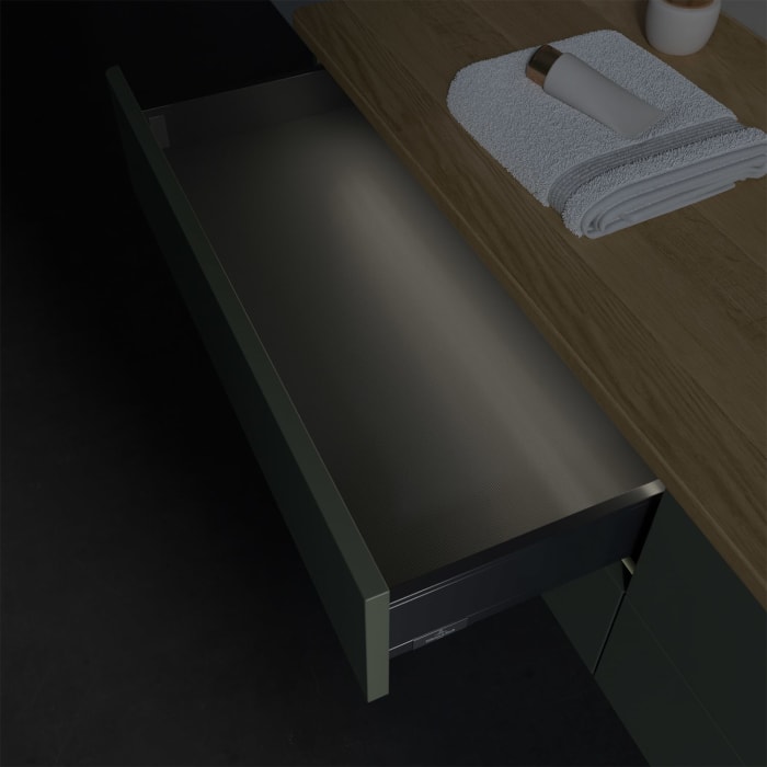 Villeroy & Boch Antao Waschbeckenunterschrank, 160 x 36 cm, 4 Auszüge mit LED-Licht, Front ohne Struktur, mit Hahnloch, für Waschtisch rechts