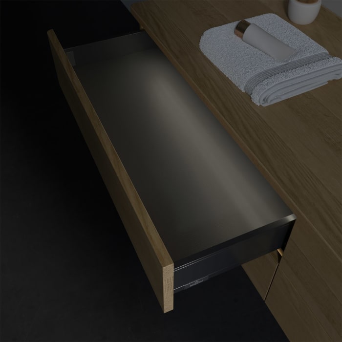 Villeroy & Boch Antao Waschbeckenunterschrank, 160 x 36 cm, 4 Auszüge mit LED-Licht, Front ohne Struktur, mit Hahnloch, für Waschtisch rechts