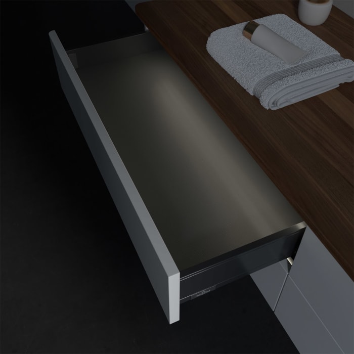 Villeroy & Boch Antao Waschbeckenunterschrank, 160 x 36 cm, 4 Auszüge mit LED-Licht, Front ohne Struktur, mit Hahnloch, für Waschtisch rechts