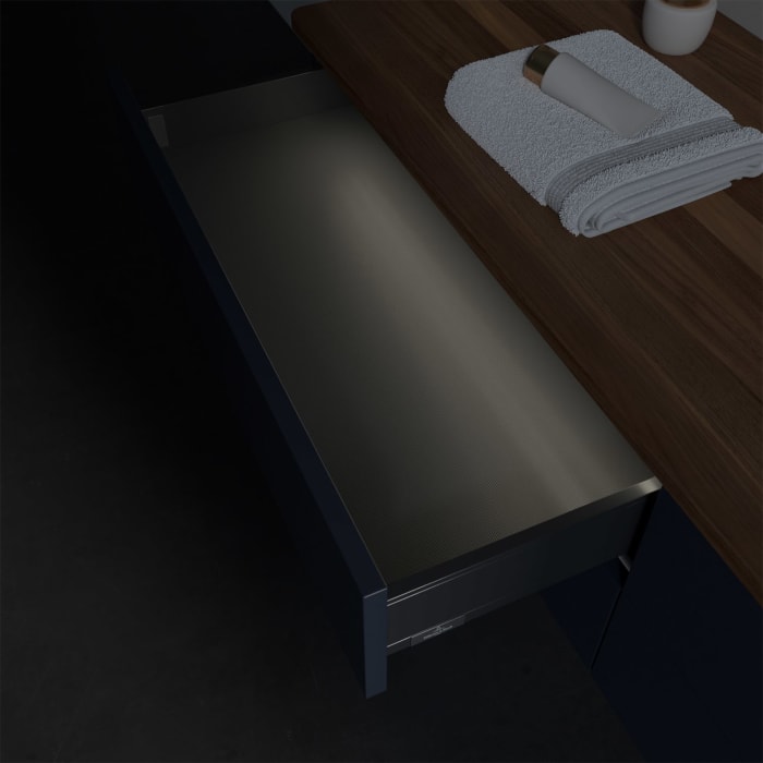 Villeroy & Boch Antao Waschbeckenunterschrank, 160 x 36 cm, 4 Auszüge mit LED-Licht, Front ohne Struktur, mit Hahnloch, für Waschtisch rechts