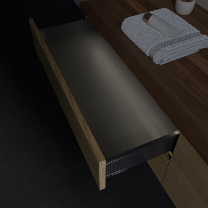 Villeroy & Boch Antao Waschbeckenunterschrank, 160 x 36 cm, 4 Auszüge mit LED-Licht, Front ohne Struktur, mit Hahnloch, für Waschtisch rechts