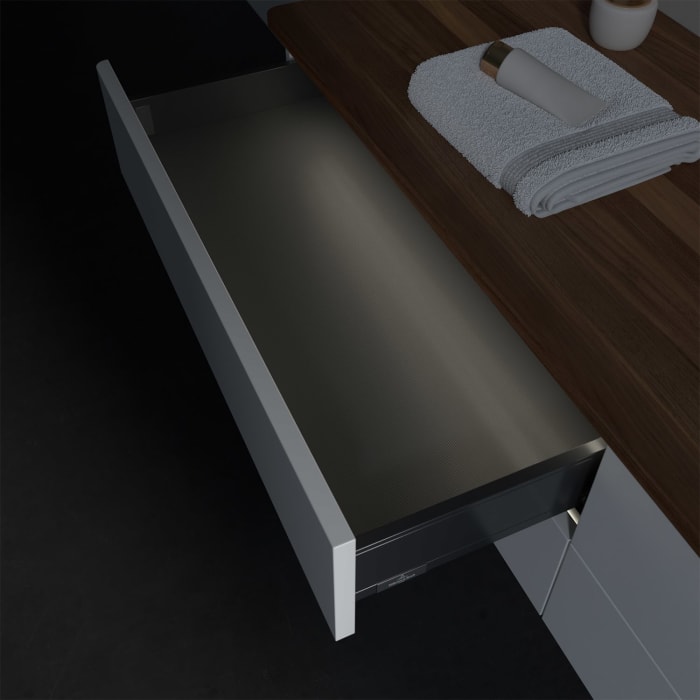 Villeroy & Boch Antao Waschbeckenunterschrank, 160 x 36 cm, 4 Auszüge mit LED-Licht, Front ohne Struktur, mit Hahnloch, für Waschtisch rechts