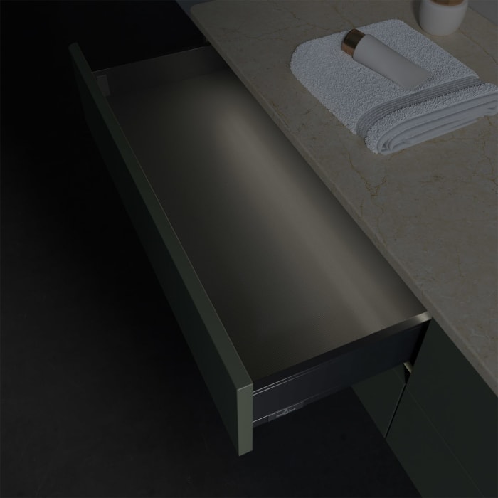 Villeroy & Boch Antao Waschbeckenunterschrank, 160 x 36 cm, 4 Auszüge mit LED-Licht, Front ohne Struktur, mit Hahnloch, für Waschtisch rechts