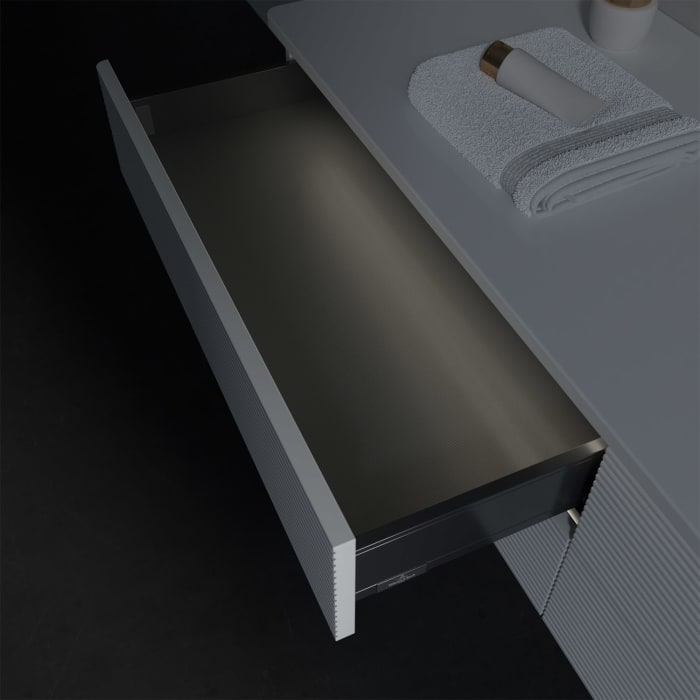 Villeroy & Boch Antao Waschbeckenunterschrank, 160 x 36 cm, 4 Auszüge mit LED-Licht, Front mit Struktur, ohne Hahnloch, für Waschtisch rechts