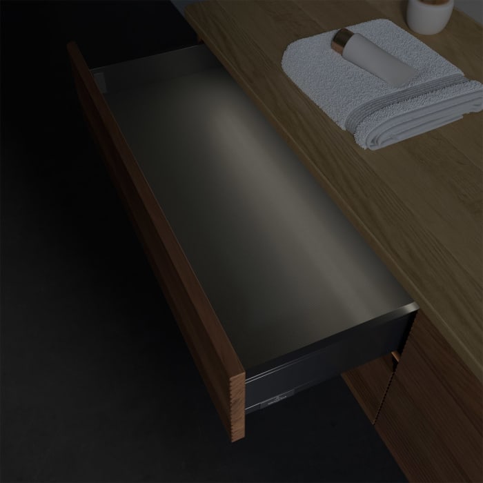 Villeroy & Boch Antao Waschbeckenunterschrank, 160 x 36 cm, 4 Auszüge mit LED-Licht, Front mit Struktur, ohne Hahnloch, für Waschtisch rechts