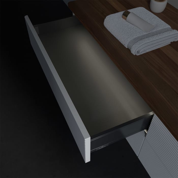 Villeroy & Boch Antao Waschbeckenunterschrank, 160 x 36 cm, 4 Auszüge mit LED-Licht, Front mit Struktur, ohne Hahnloch, für Waschtisch rechts