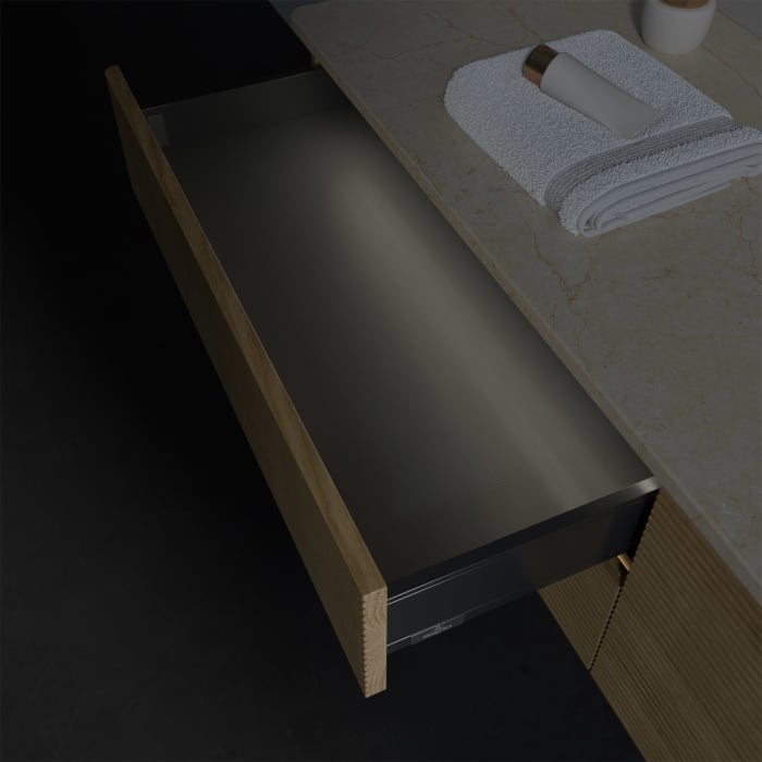 Villeroy & Boch Antao Waschbeckenunterschrank, 160 x 36 cm, 4 Auszüge mit LED-Licht, Front mit Struktur, ohne Hahnloch, für Waschtisch rechts