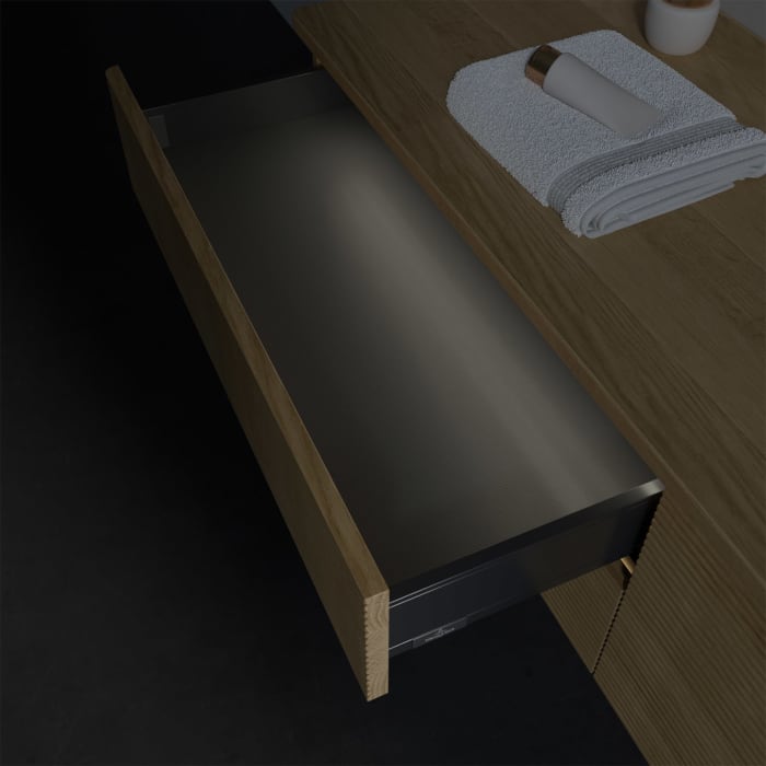 Villeroy & Boch Antao Waschbeckenunterschrank, 160 x 36 cm, 4 Auszüge mit LED-Licht, Front mit Struktur, mit Hahnloch, für Waschtisch rechts