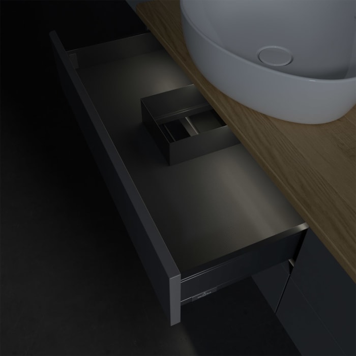 Villeroy & Boch Antao Waschbeckenunterschrank, 160 x 36 cm, 4 Auszüge mit LED-Licht, Front ohne Struktur, mit Hahnloch, für Waschtisch links und recht