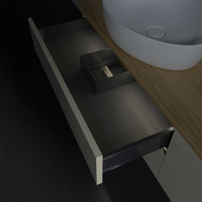 Villeroy & Boch Antao Waschbeckenunterschrank, 160 x 36 cm, 4 Auszüge mit LED-Licht, Front ohne Struktur, mit Hahnloch, für Waschtisch links und recht