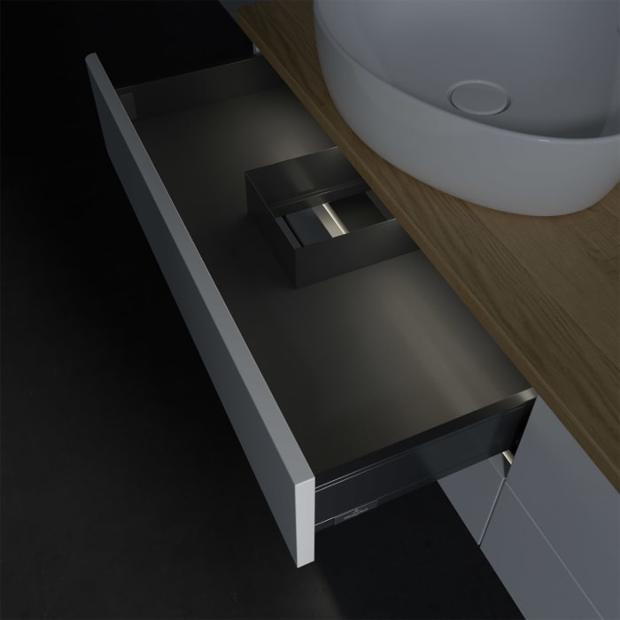 Villeroy & Boch Antao Waschbeckenunterschrank, 160 x 36 cm, 4 Auszüge mit LED-Licht, Front ohne Struktur, mit Hahnloch, für Waschtisch links und recht