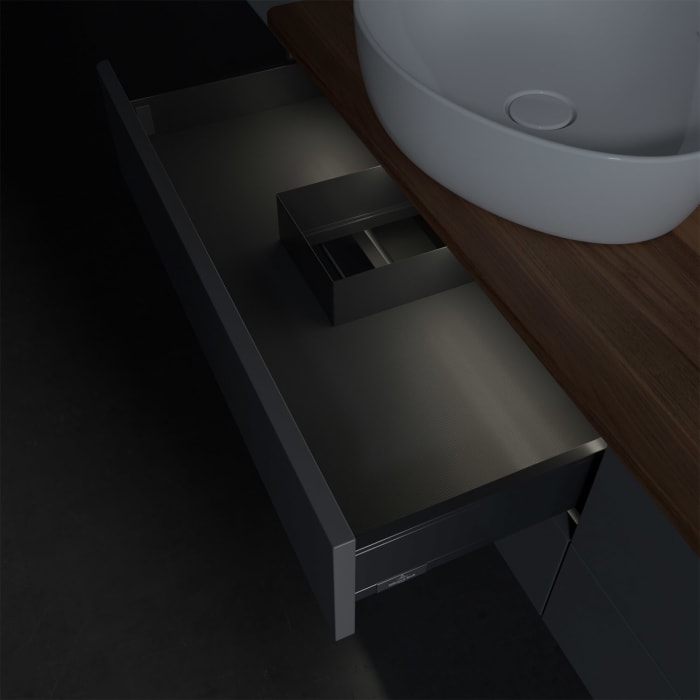 Villeroy & Boch Antao Waschbeckenunterschrank, 160 x 36 cm, 4 Auszüge mit LED-Licht, Front ohne Struktur, mit Hahnloch, für Waschtisch links und recht