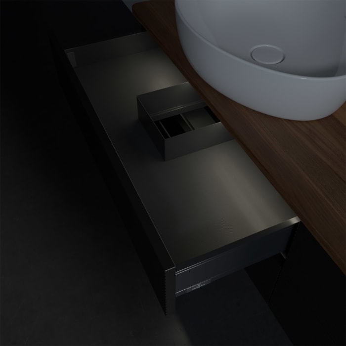 Villeroy & Boch Antao Waschbeckenunterschrank, 160 x 36 cm, 4 Auszüge mit LED-Licht, Front mit Struktur, ohne Hahnloch, für Waschtisch links und recht