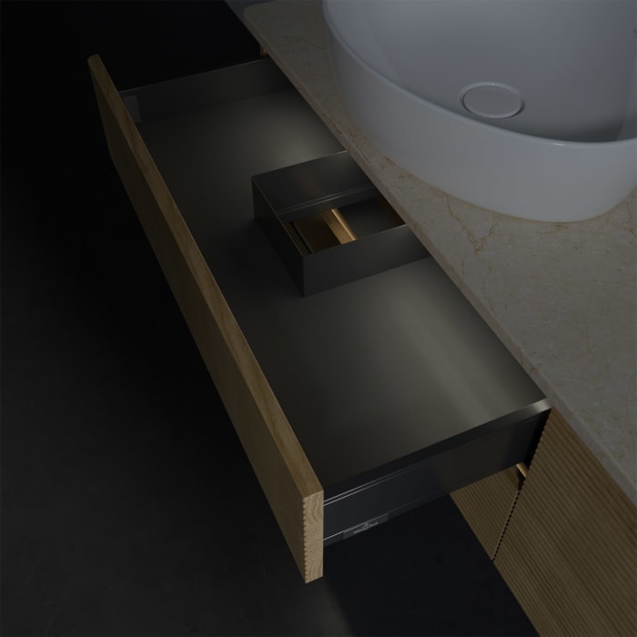 Villeroy & Boch Antao Waschbeckenunterschrank, 160 x 36 cm, 4 Auszüge mit LED-Licht, Front mit Struktur, ohne Hahnloch, für Waschtisch links und recht