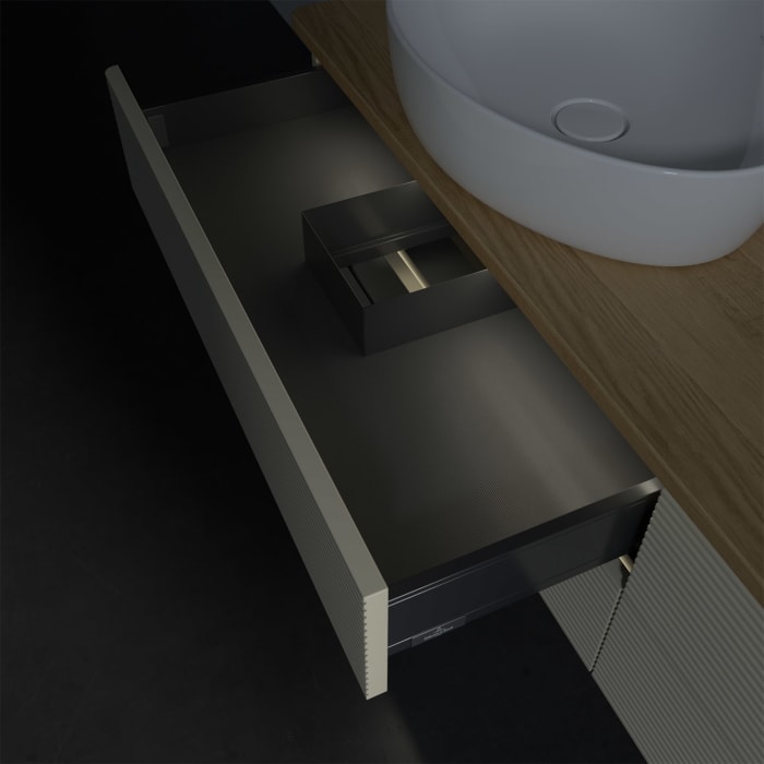 Villeroy & Boch Antao Waschbeckenunterschrank, 160 x 36 cm, 4 Auszüge mit LED-Licht, Front mit Struktur, mit Hahnloch, für Waschtisch links und rechts