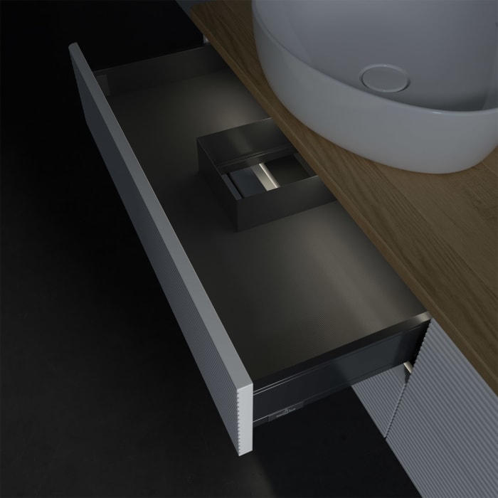 Villeroy & Boch Antao Waschbeckenunterschrank, 160 x 36 cm, 4 Auszüge mit LED-Licht, Front mit Struktur, mit Hahnloch, für Waschtisch links und rechts