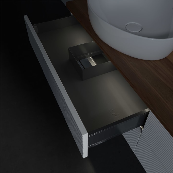 Villeroy & Boch Antao Waschbeckenunterschrank, 160 x 36 cm, 4 Auszüge mit LED-Licht, Front mit Struktur, mit Hahnloch, für Waschtisch links und rechts