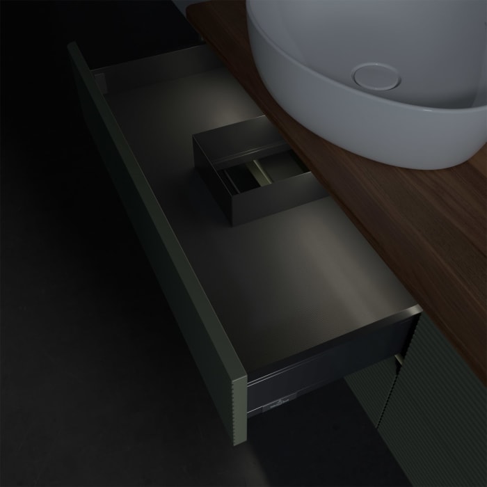 Villeroy & Boch Antao Waschbeckenunterschrank, 160 x 36 cm, 4 Auszüge mit LED-Licht, Front mit Struktur, mit Hahnloch, für Waschtisch links und rechts