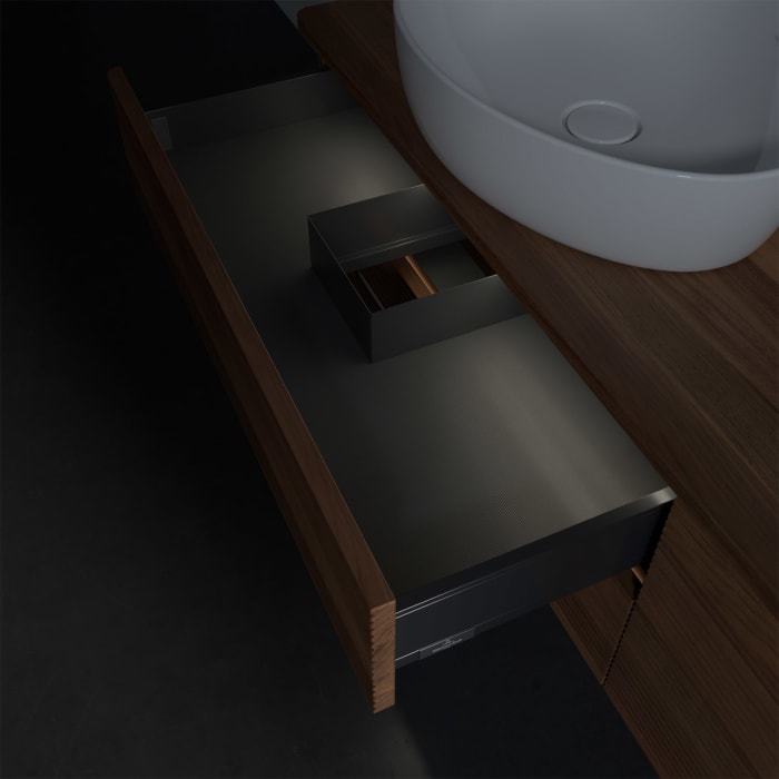 Villeroy & Boch Antao Waschbeckenunterschrank, 160 x 36 cm, 4 Auszüge mit LED-Licht, Front mit Struktur, mit Hahnloch, für Waschtisch links und rechts