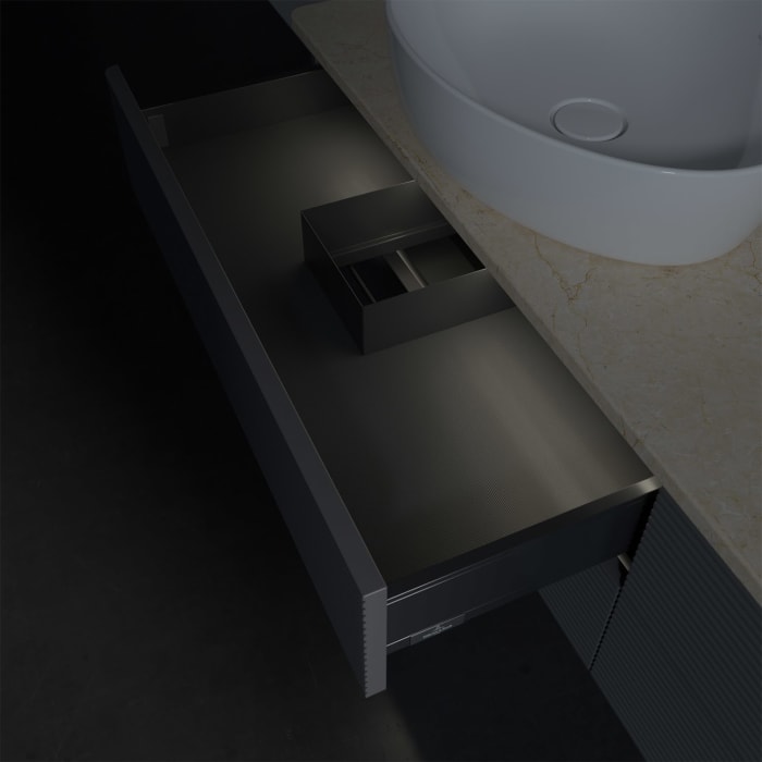 Villeroy & Boch Antao Waschbeckenunterschrank, 160 x 36 cm, 4 Auszüge mit LED-Licht, Front mit Struktur, mit Hahnloch, für Waschtisch links und rechts