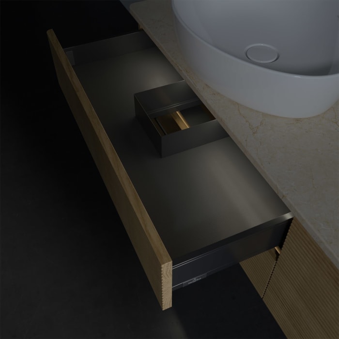 Villeroy & Boch Antao Waschbeckenunterschrank, 160 x 36 cm, 4 Auszüge mit LED-Licht, Front mit Struktur, mit Hahnloch, für Waschtisch links und rechts