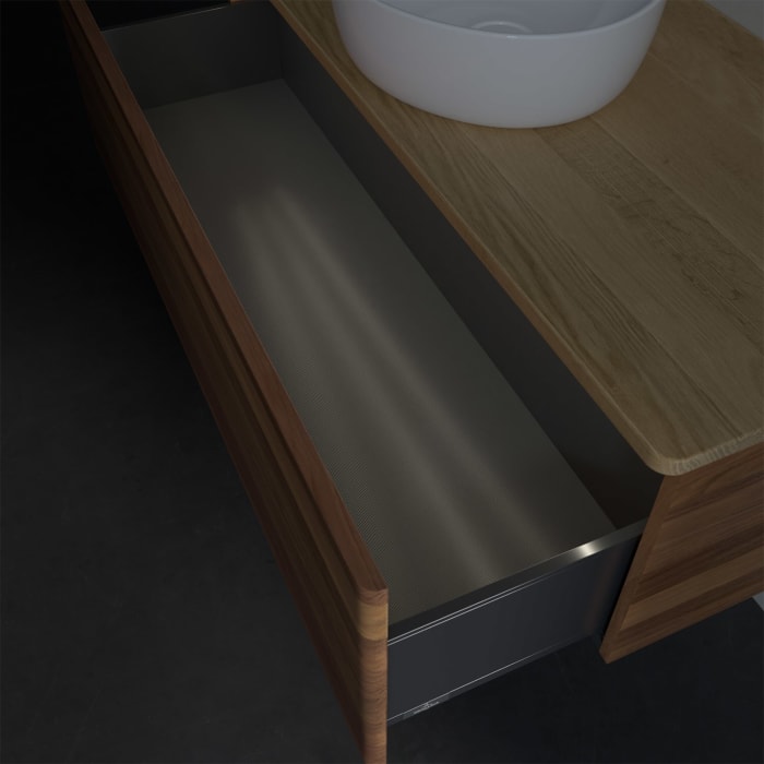 Villeroy & Boch Antao Waschbeckenunterschrank, 120 x 36 cm, 1 Auszug mit LED-Licht, Front ohne Struktur, ohne Hahnloch, für Waschtisch mittig