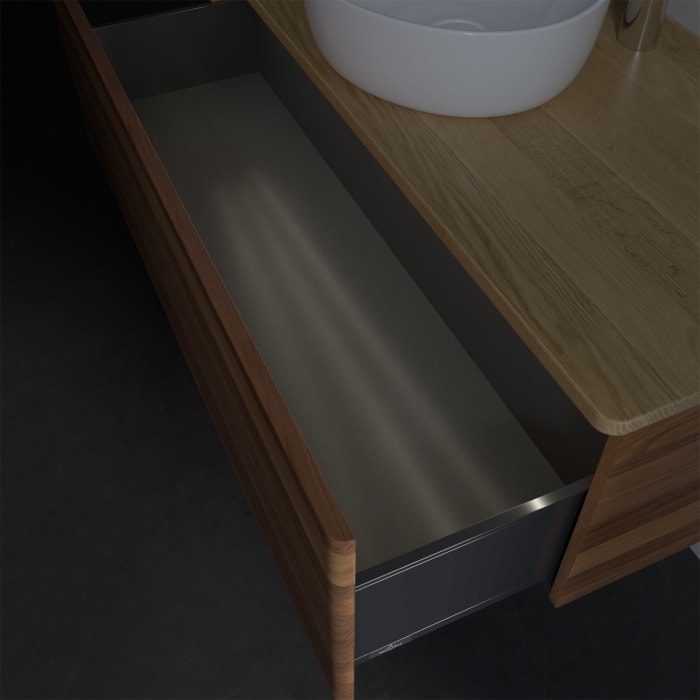 Villeroy & Boch Antao Waschbeckenunterschrank, 120 x 36 cm, 1 Auszug mit LED-Licht, Front ohne Struktur, mit Hahnloch, für Waschtisch mittig