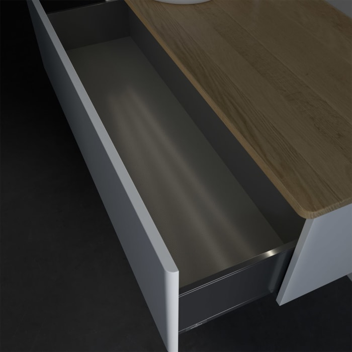 Villeroy & Boch Antao Waschbeckenunterschrank, 120 x 36 cm, 1 Auszug mit LED-Licht, Front ohne Struktur, mit Hahnloch, für Waschtisch links