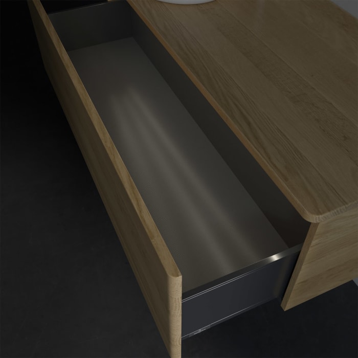 Villeroy & Boch Antao Waschbeckenunterschrank, 120 x 36 cm, 1 Auszug mit LED-Licht, Front ohne Struktur, mit Hahnloch, für Waschtisch links