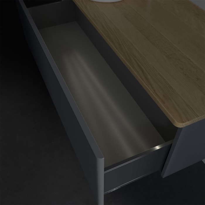 Villeroy & Boch Antao Waschbeckenunterschrank, 120 x 36 cm, 1 Auszug mit LED-Licht, Front mit Struktur, mit Hahnloch, für Waschtisch links