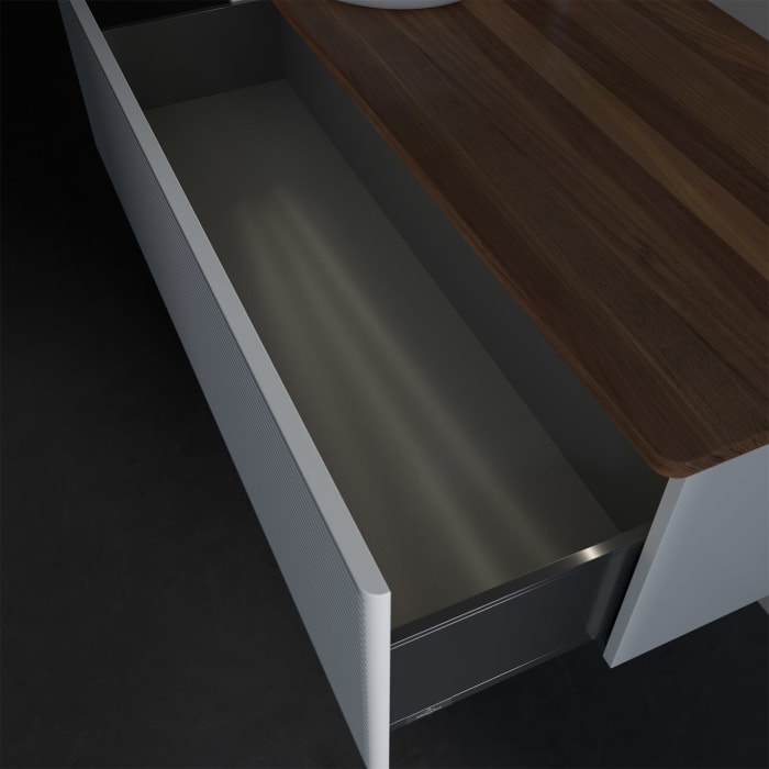 Villeroy & Boch Antao Waschbeckenunterschrank, 120 x 36 cm, 1 Auszug mit LED-Licht, Front mit Struktur, mit Hahnloch, für Waschtisch links