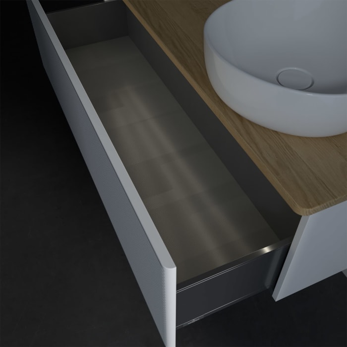 Villeroy & Boch Antao Waschbeckenunterschrank, 120 x 36 cm, 1 Auszug mit LED-Licht, Front mit Struktur, mit Hahnloch, für Waschtisch rechts