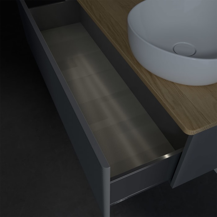 Villeroy & Boch Antao Waschbeckenunterschrank, 120 x 36 cm, 1 Auszug mit LED-Licht, Front mit Struktur, mit Hahnloch, für Waschtisch rechts