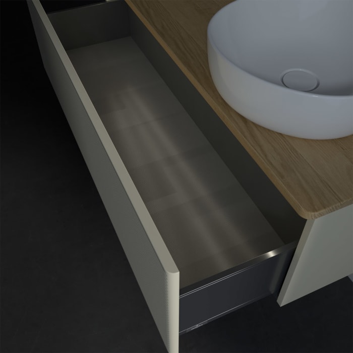 Villeroy & Boch Antao Waschbeckenunterschrank, 120 x 36 cm, 1 Auszug mit LED-Licht, Front mit Struktur, mit Hahnloch, für Waschtisch rechts