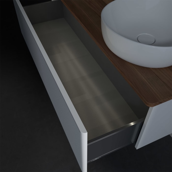 Villeroy & Boch Antao Waschbeckenunterschrank, 120 x 36 cm, 1 Auszug mit LED-Licht, Front mit Struktur, mit Hahnloch, für Waschtisch rechts