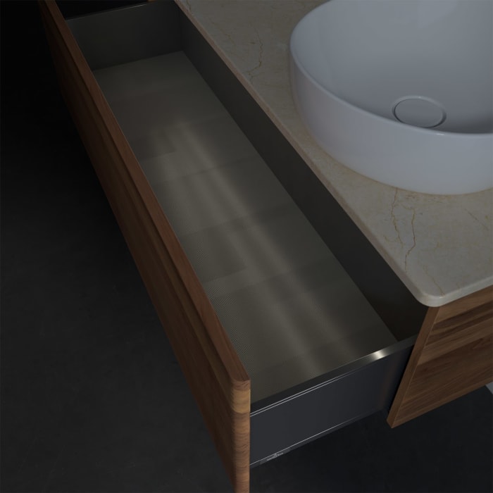 Villeroy & Boch Antao Waschbeckenunterschrank, 120 x 36 cm, 1 Auszug mit LED-Licht, Front mit Struktur, mit Hahnloch, für Waschtisch rechts