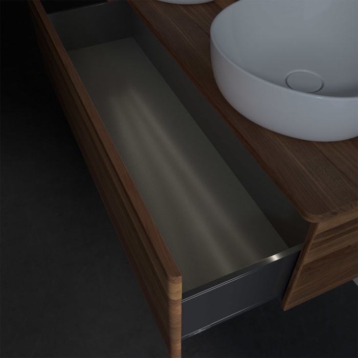 Villeroy & Boch Antao Waschbeckenunterschrank, 120 x 36 cm, 1 Auszug mit LED-Licht, Front ohne Struktur, mit Hahnloch, für Waschtisch links und rechts