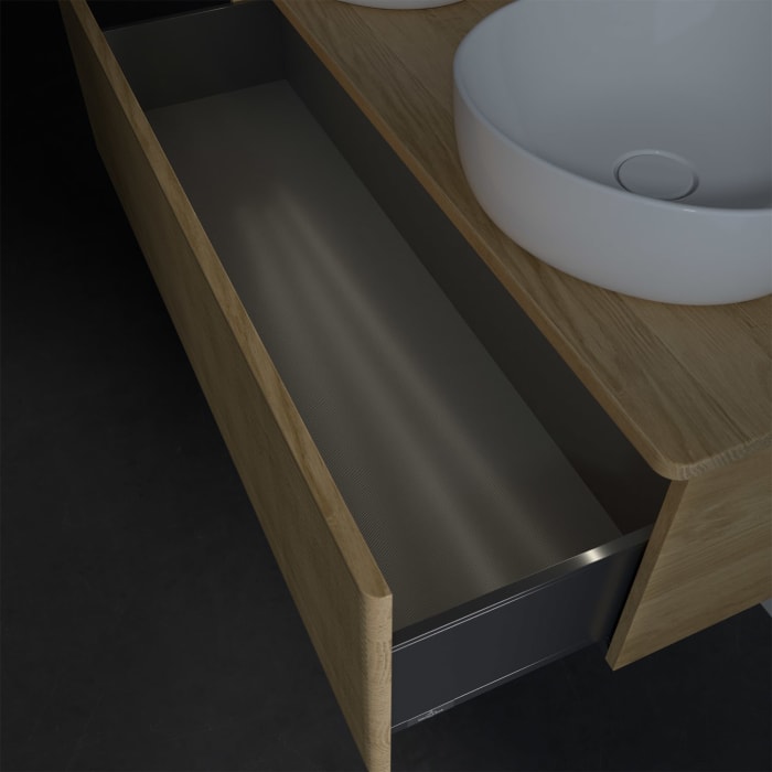 Villeroy & Boch Antao Waschbeckenunterschrank, 120 x 36 cm, 1 Auszug mit LED-Licht, Front mit Struktur, mit Hahnloch, für Waschtisch links und rechts