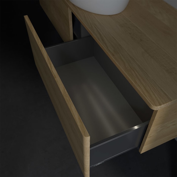 Villeroy & Boch Antao Waschbeckenunterschrank, 160 x 36 cm, 2 Auszüge mit LED-Licht, Front ohne Struktur, ohne Hahnloch, für Waschtisch mittig