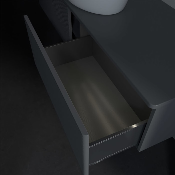 Villeroy & Boch Antao Waschbeckenunterschrank, 160 x 36 cm, 2 Auszüge mit LED-Licht, Front mit Struktur, ohne Hahnloch, für Waschtisch mittig