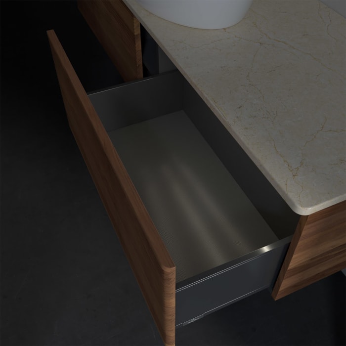 Villeroy & Boch Antao Waschbeckenunterschrank, 160 x 36 cm, 2 Auszüge mit LED-Licht, Front mit Struktur, ohne Hahnloch, für Waschtisch mittig